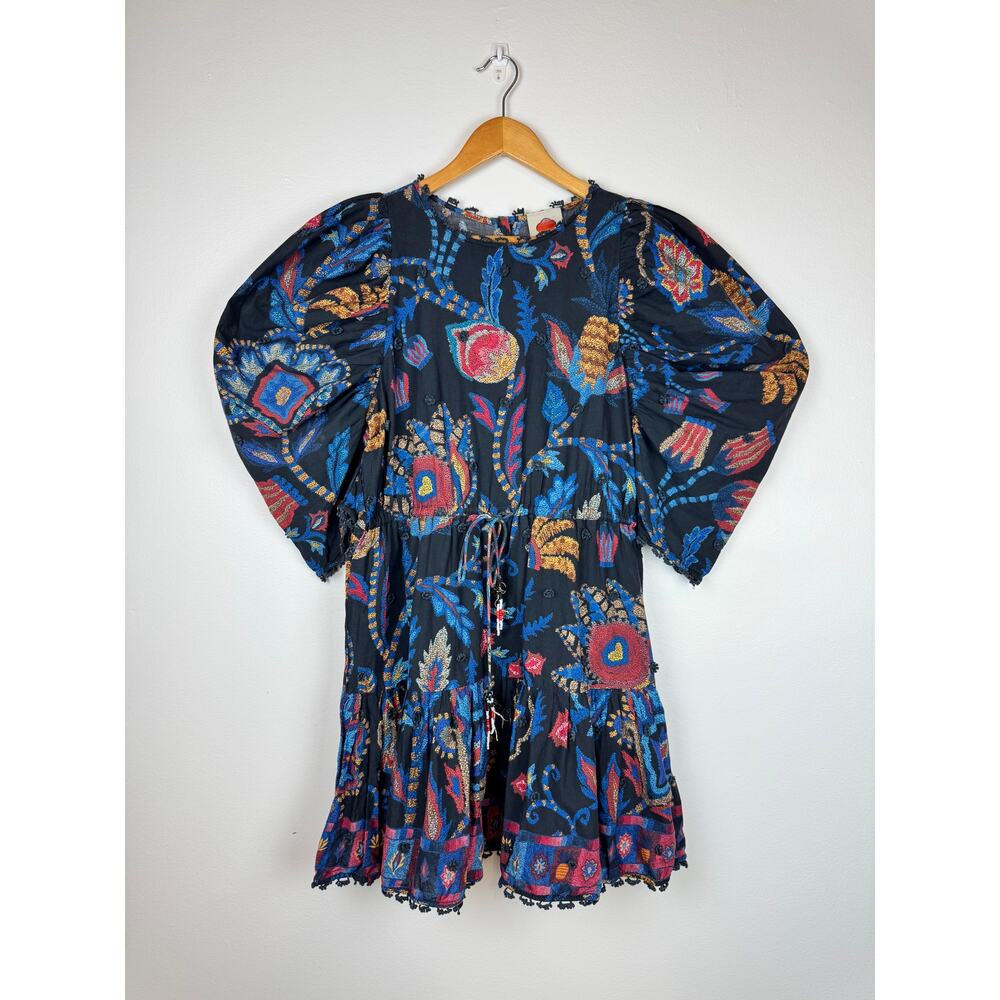 FARM RIO Women Sunset Tapestry Black Puffer Sleeve Mini Dress size M - Picture 5 of 16